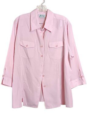 Joanna Button Down Blouse Women’s XL Pink  2-Pocket ¾ Sleeve Casual Office Vtg